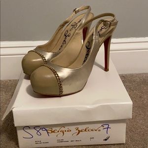 Sergio Zelcer Champagne Red Bottom sling Pumps